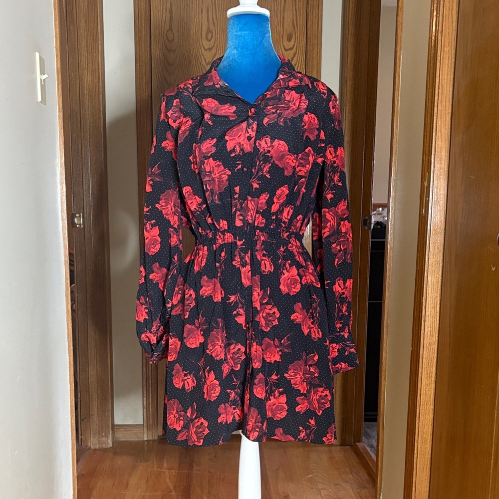 The Kooples Black and Red Floral Long Sleeve Dress